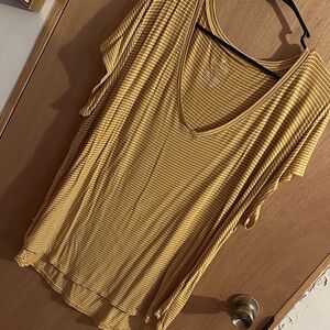 American Eagle Mustard Striped V-Neck Tee
